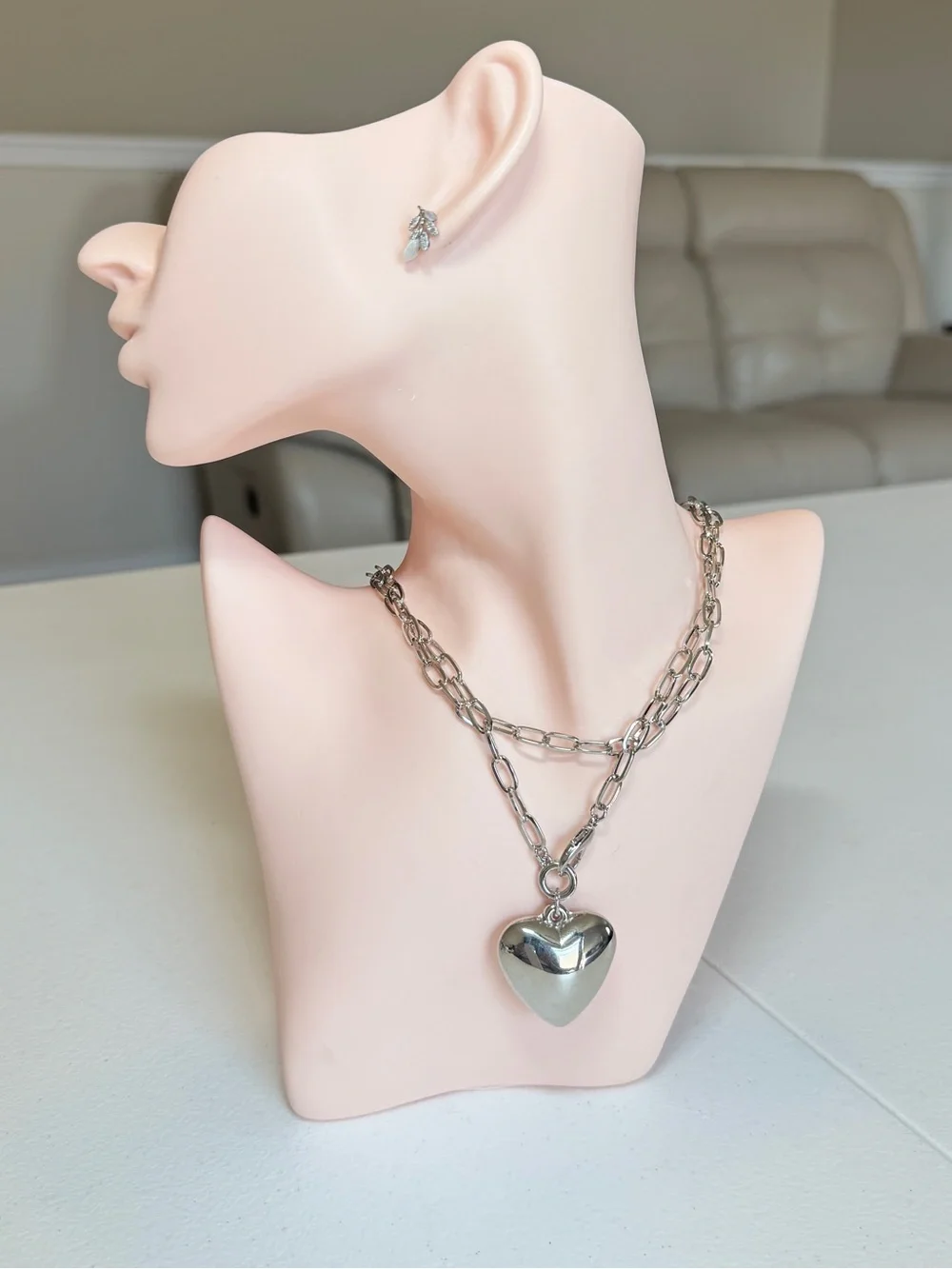 Silver Heart Pendant Long Chain Necklace